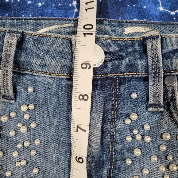 Seven7 size 4 pearl embellished distressed Denim Mid Rise Skinny Blue Jeans - Picture 10 of 12